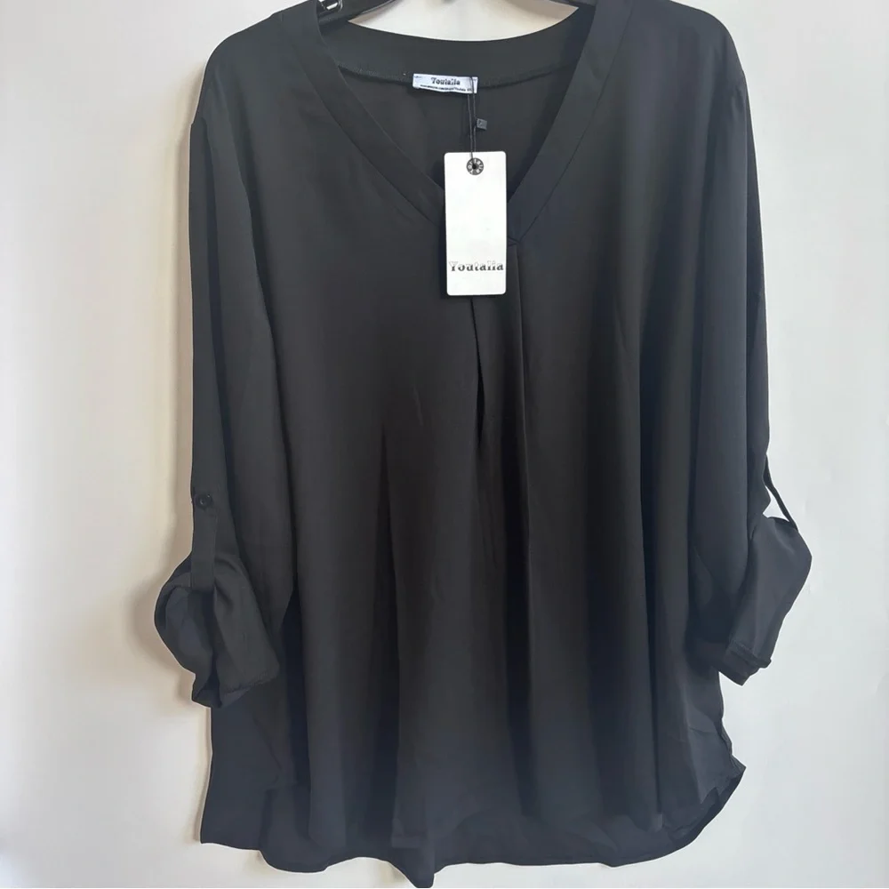Youtalia Dressy Casual 3/4 Sleeve V Neck Chiffon Shirt Work Blouses, Black, XXL - Picture 5 of 8